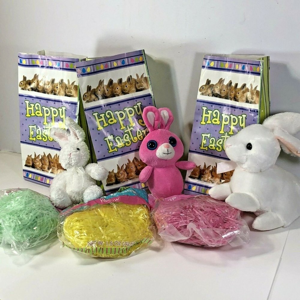 Mix 3 Easter Bunny Plush toys Easter Grass & Bags